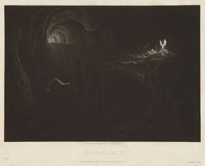 John Martin RA, 
		British 1789-1854- 
		 
		Bridge over Chaos; 
		 
		mezzotint engraving, proof, published by Septimuss Prowett, 52 Paternoster Row, 1