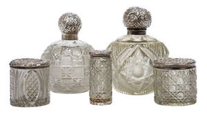 
	
		Five silver mounted cut glass vessels, comprising two globular bottles with glass...