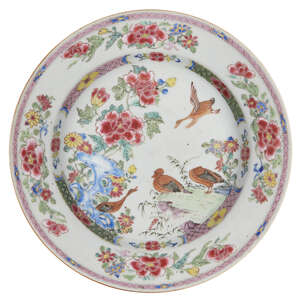 
	
		A Chinese export porcelain plate, Qianlong period, painted in famille rose enamels with a...