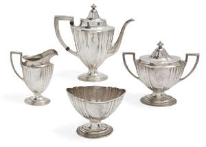 
	
		An American silver four-piece tea set comprising teapot, sugar dish, bonbon dish and milk...