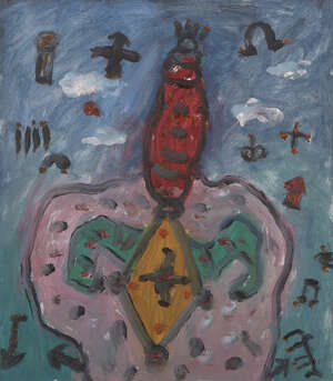 
	
		Alan Davie CBE RA HRSW, 
		Scottish 1920-2014 - 
		Red Erection, 2010; 
		Oil on board,...