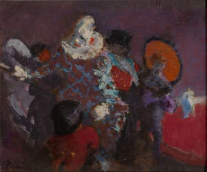 
	
		Frederick Deane, 
		British 1924-2020 - 
		 
		Circus scene; 
		 
		oil on board,...