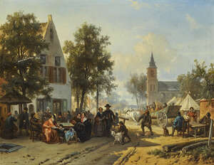 
	
		Florent Nicolas Crabeels, 
		Belgian 1829-1896- 
		A busy town scene; 
		oil on canvas,...
