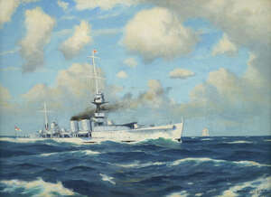
	
		George Fagan Bradshaw, 
		British 1887-1960-
		 
		Destroyer at sea; 
		 
		oil on...