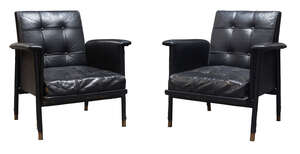 
	
		Jacques Quinet (1918-1992) Attributed, a pair of black leather armchairs,
		c.1960,
		
