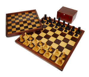 
	
		A Staunton pattern club size boxwood and ebony weighted chess set, 20th century, the...