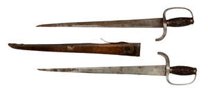 
	
		A Chinese wing chun bart cham dao (butterfly sword), 19th century, the grips carved with...