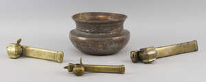 
	
		Three Persian brass qualandam, 19th century, two with decoration to the body, various...