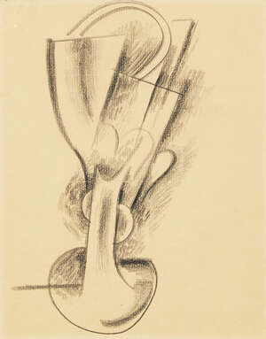 Otto Gutfreund,
		Czechoslovakian, 1889-1927-
		Still life with glass;
		charcoal on headed paper, signed with estate stamp and numbered 52 on the reverse, 