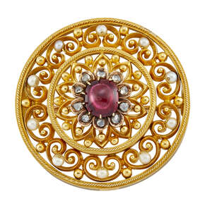 
	
		A 19th century Russian gold, diamond and spinel circular brooch, the central cabochon...
