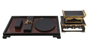 
	
		Five Japanese wood and lacquer stands, early 20th century, the largest 72cm x 52cm,...