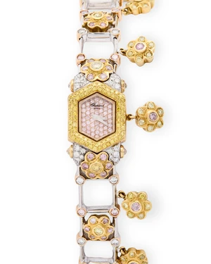 Chopard. An 18ct gold and diamond set quartz bracelet watch with custom bracelet'Piece unique',...