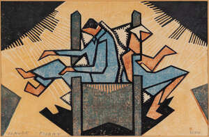 
	
		Claude Flight, 
		British 1881-1955- 
		 
		Getting Up; 
		 
		linocut in colours on...