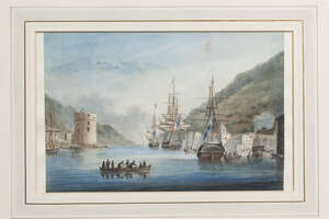 British School, 
early 19th century-
 
English and French Frigates at anchor in a Mediterranean...