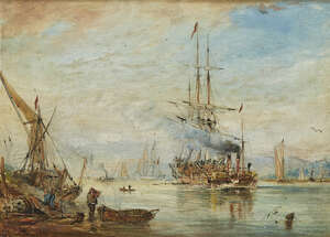 
	
		George Chambers Jnr, 
		British fl. 1848-1868- 
		Shipping scene in an estuary; 
		oil...