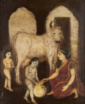 Bengal school,&nbsp;Early 20th century
Jasodha with Krishna Balaram and the cow,Oil on canvas,
61 x...