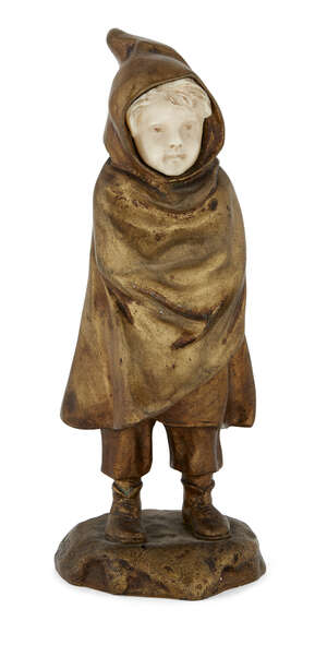 
	
		Antoine Bofill (fl.1895-1925), a gilt bronze and ivory figure of a child wrapped in a...