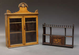 
	
		A Victorian poker-work hanging shelf, with overall floral decoration,  the top with...