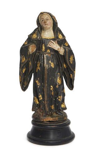 
	
		A Spanish Colonial sculpture of the Madonna, 18th century, on a turned wooden stand, the...