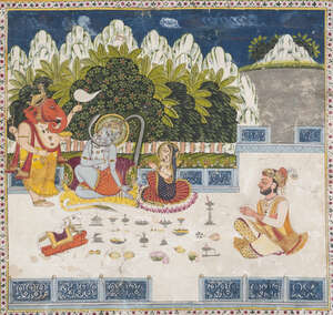 
	
		A prince (Khusal Singh) seated in devotion before Siva and Parvati, accompanied by Ganesh...