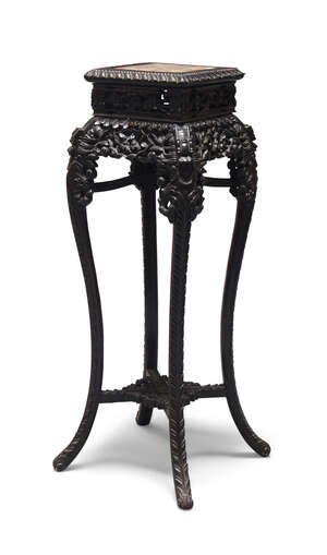 
	
		A Chinese hardwood marble inset jardiniere stand, late 19th century, the square top above...