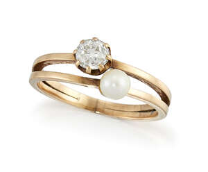 A late 19th century Russian, diamond and cultured pearl ring, of split hoop design set with an old brilliant-cut diamond and single pearl mounted in gold, St P
