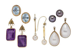 
	
		Five pairs gem earrings, comprising a pair of rectangular-cut amethyst single stone drops...
