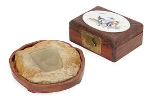 
	
		A Chinese wooden card box, early 20th century, the lid inset with a porcelain plaque...