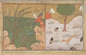 A small Safavid miniature of dogs hunting rabbits, Iran, 17th century, gouache on paper heightened with gold, the page divided in two scenes, the left depictin