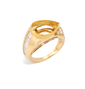 A diamond set ring mount, composed of a central pear-shaped vacant collet, to tapered shoulders,...