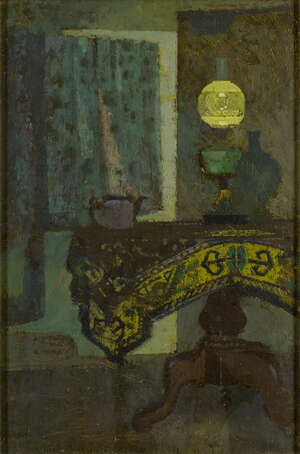 
	
		Lionel Bulmer, 
		British 1919-1992 - 
		 
		The Green Lamp; 
		 
		oil on Board,...