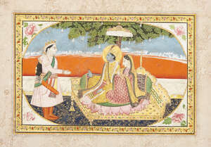 
	
		Krishna and Radha receiving a prince, Kangra, early 19th century, opaque pigments on...