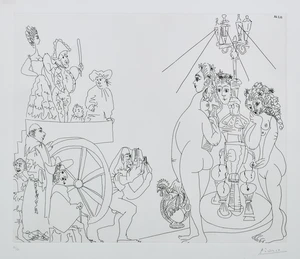 Pablo Picasso,&nbsp;Spanish 1881-1973,&nbsp;Comediens ambulants, avec autoportrait au chapeau d'Arlequin...