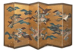 
	
		A Japanese six panel screen, late 19th century, ink colour and gold on paper, decorated...
