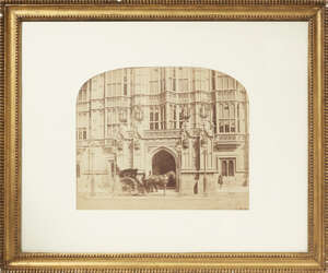 
	
		Roger Fenton, British, 1819-1869, View of a horse and carriage at the porch of a Gothic...