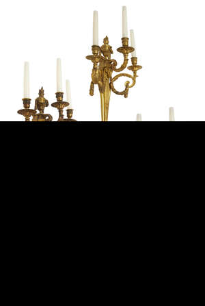
	
		A set of four Louis XVI style three branch wall lights, 20th century, each with urn form...