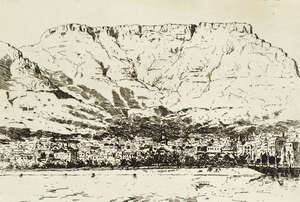 Tinus de Jong, 
South African 1885-1942- 
 
Cape Town and Table Mountain from the Bay; 
etching,...
