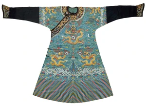 A Chinese imperial blue ground five-symbol silk gauze 'dragon robe', longpao
Qing dynasty, Jiaqing/Daoguang period
Finely woven in blue silk gauze and embroide