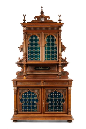 A stained glass and wood cupboard,&nbsp;Possibly workshop of Giuseppe Parvis, Cairo, Egypt, retailed...
