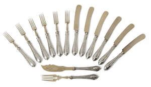 
	
		A twelve piece flatware set, comprising six dessert knives and six dessert forks,...