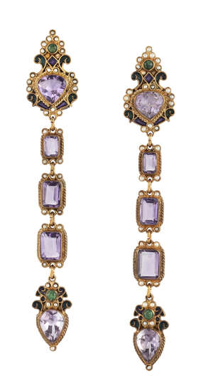 
	
		A pair of amethyst and seed pearl enamelled vermeil line drop earrings, by Percossi Papi...