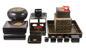 
	
		A collection of Japanese lacquer, late 19th-20th century, to include a large square tray,...