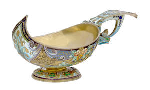 
	
		An early twentieth century Russian silver-gilt and cloisonné enamel kovsh, Moscow, 11th...