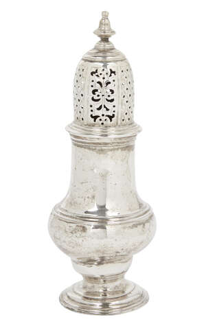 
	
		A George III silver sugar caster, London, c.1777, Thomas Dealtry, of plain, baluster...