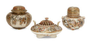 
	
		Three Japanese Satsuma Koros, late 19th century, each finely painted with alternating...