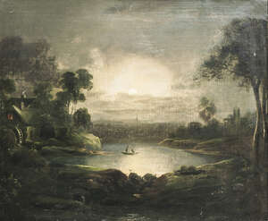 
	
		Attributed to Sebastian Pether, 
		British 1790-1844-
		 
		Moonlit cove with a...