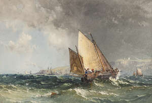 
	
		Samuel Phillips Jackson, 
		British 1830-1904-
		 
		Shipping in rough seas of the...