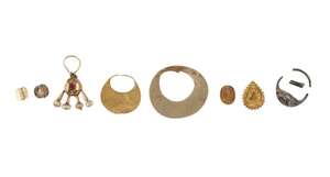 
	
		A group of gold and silver jewellery comprising a Greek silver ring with gold stud,...