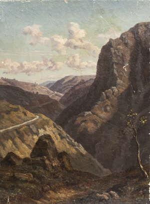 
	
		Austrian School, mid-late 19th century- Alpine river landscape; oil on canvas, signed with...