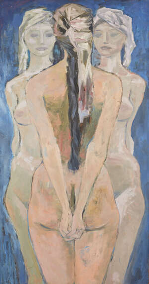 
	
		John Hutton, 
		British 1906-1978- 
		 
		Three Graces, c. 1976; 
		 
		oil on board,...